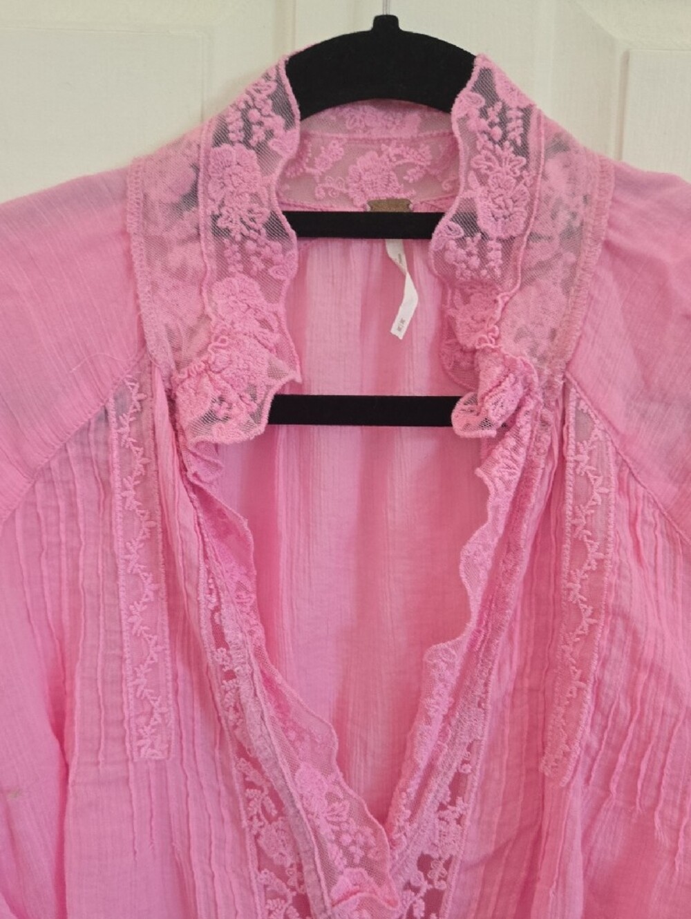 Free People Pink Lace-Trim Button Front Blouse - Picture 3 of 8